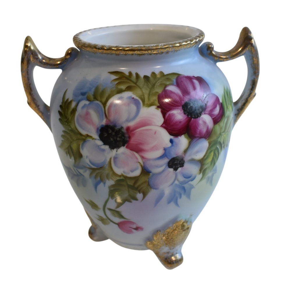 Orleans Japan Floral Vase Small Blue Gold Gilt Good Footed Hand Painted Vintage
